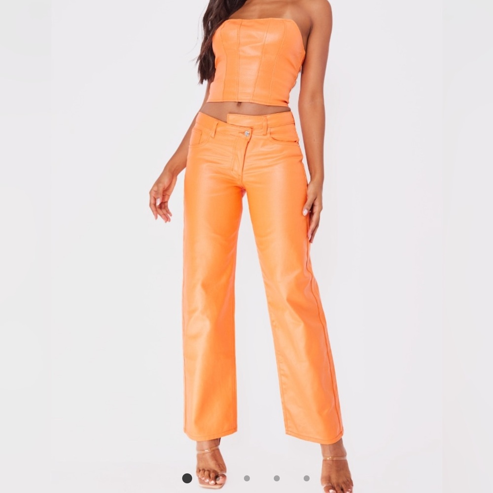 Orange Coated Denim Set; Asymmetric waistband